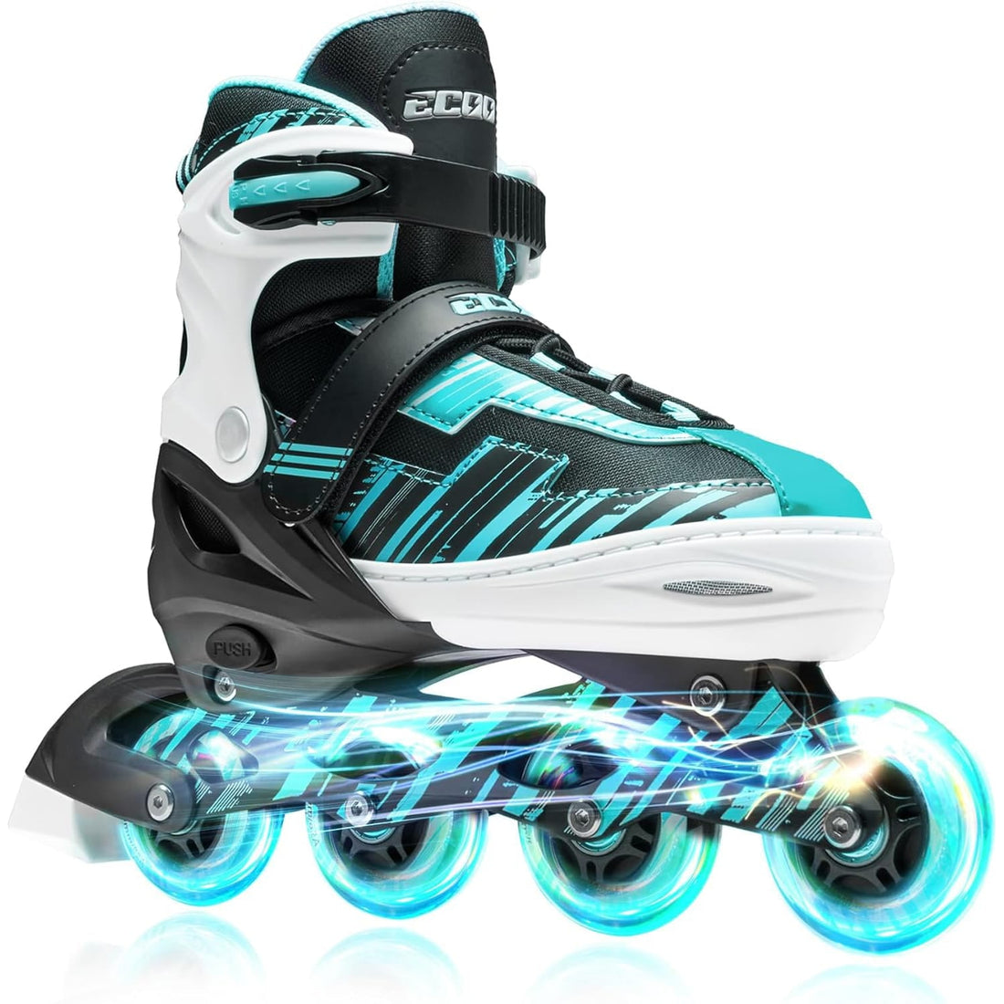 Role reglabile pentru copii si adulti, roti luminoase din silicon, 4 roti in linie, rulmenti ABEC-7, Aluminiu/poliuretan, model EK3, marimea M 32-35, Turcoaz