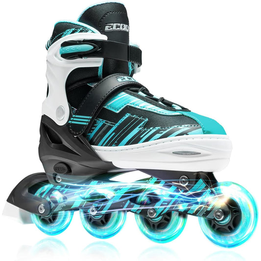 Role reglabile pentru copii si adulti, roti luminoase din silicon, 4 roti in linie, rulmenti ABEC-7, Aluminiu/poliuretan, model EK3, marimea M 32-35, Turcoaz