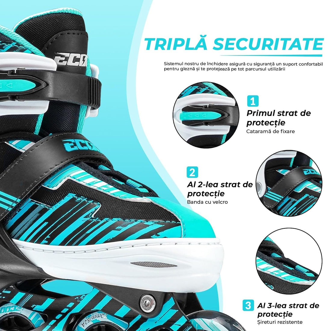 Role reglabile pentru copii si adulti, roti luminoase din silicon, 4 roti in linie, rulmenti ABEC-7, Aluminiu/poliuretan, model EK3, marimea M 32-35, Turcoaz