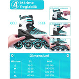 Role reglabile pentru copii si adulti, roti luminoase din silicon, 4 roti in linie, rulmenti ABEC-7, Aluminiu/poliuretan, model EK3, marimea M 32-35, Turcoaz