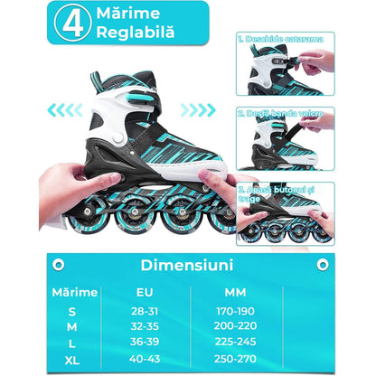 Role reglabile pentru copii si adulti, roti luminoase din silicon, 4 roti in linie, rulmenti ABEC-7, Aluminiu/poliuretan, model EK3, marimea M 32-35, Turcoaz