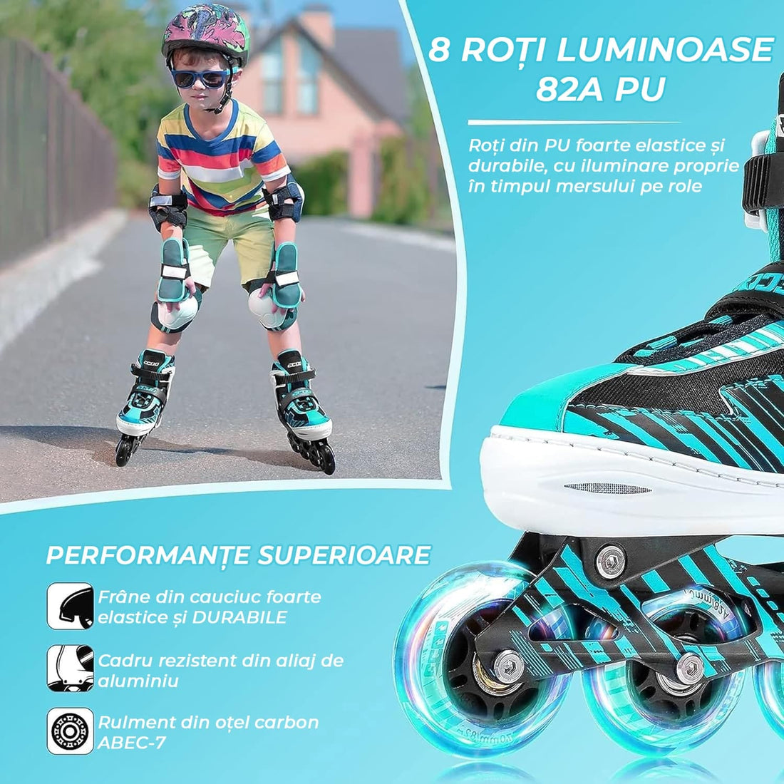 Role reglabile pentru copii si adulti, roti luminoase din silicon, 4 roti in linie, rulmenti ABEC-7, Aluminiu/poliuretan, model EK3, marimea M 32-35, Turcoaz