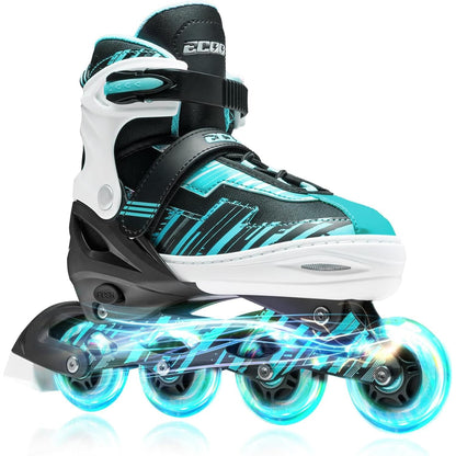 Role reglabile pentru copii si adulti, roti luminoase din silicon, 4 roti in linie, rulmenti ABEC-7, Aluminiu/poliuretan, model EK3, marimea XL 40-43, Turcoaz