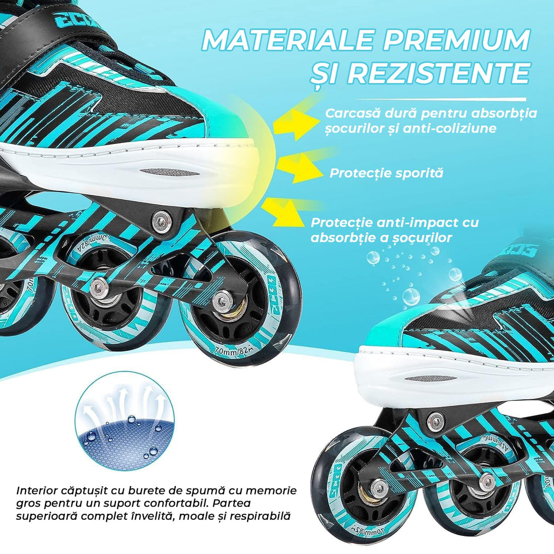 Role reglabile pentru copii si adulti, roti luminoase din silicon, 4 roti in linie, rulmenti ABEC-7, Aluminiu/poliuretan, model EK3, marimea XL 40-43, Turcoaz