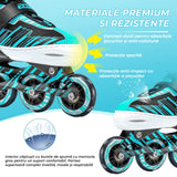 Role reglabile pentru copii si adulti, roti luminoase din silicon, 4 roti in linie, rulmenti ABEC-7, Aluminiu/poliuretan, model EK3, marimea XL 40-43, Turcoaz