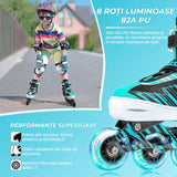 Role reglabile pentru copii si adulti, roti luminoase din silicon, 4 roti in linie, rulmenti ABEC-7, Aluminiu/poliuretan, model EK3, marimea XL 40-43, Turcoaz