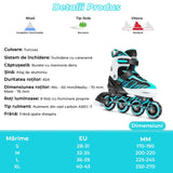 Role reglabile pentru copii si adulti, roti luminoase din silicon, 4 roti in linie, rulmenti ABEC-7, Aluminiu/poliuretan, model EK3, marimea XL 40-43, Turcoaz