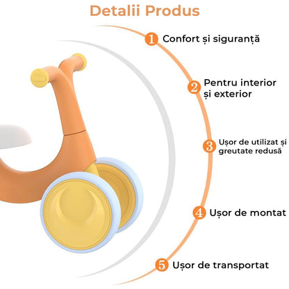 Bicicleta fara pedale pentru copii, 4 roti, usoara, roti silentioase, sa ergonomica, dezvoltare echilibru si coordonare, 10-36 luni, Portocaliu