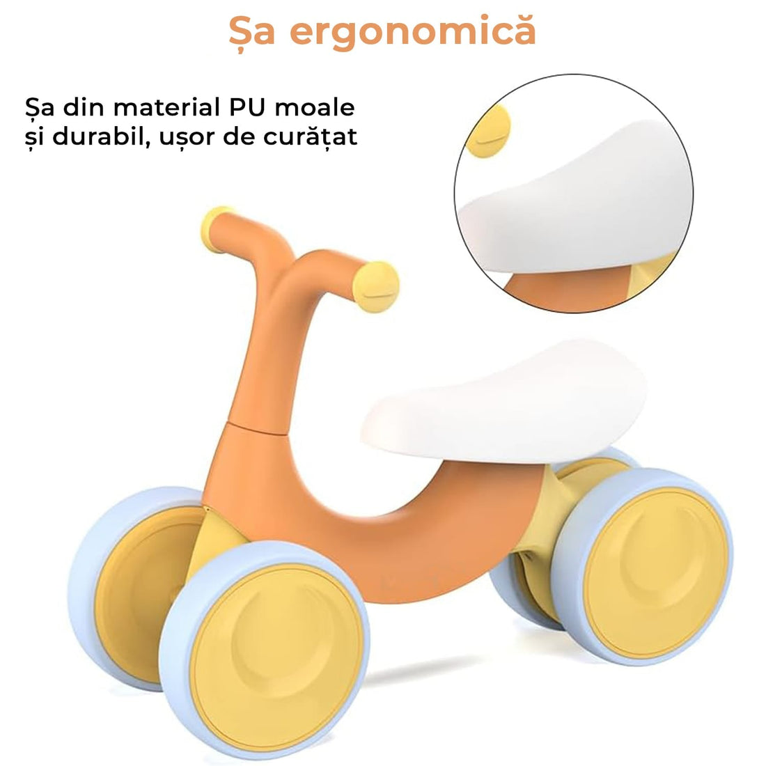 Bicicleta fara pedale pentru copii, 4 roti, usoara, roti silentioase, sa ergonomica, dezvoltare echilibru si coordonare, 10-36 luni, Portocaliu