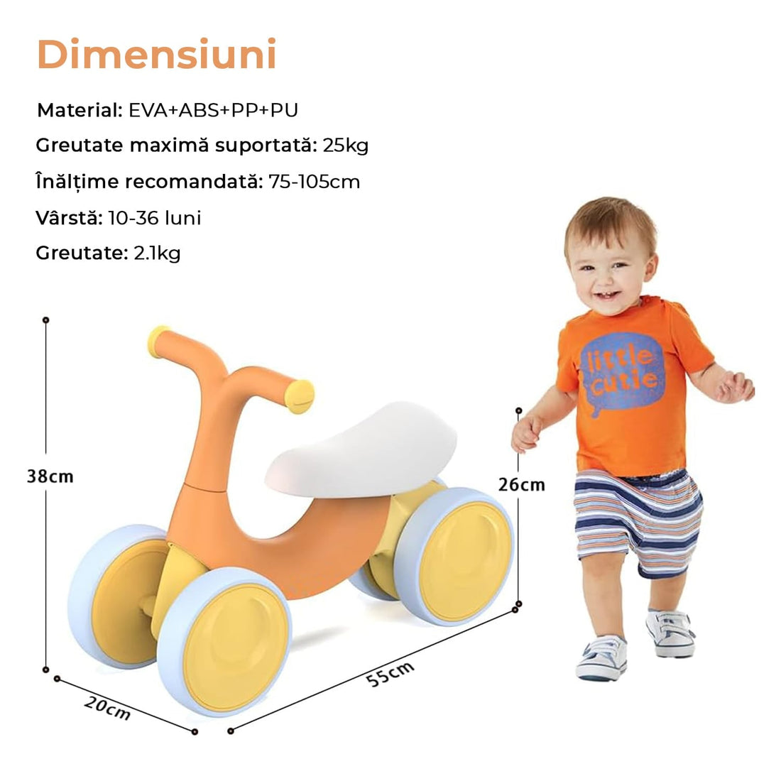 Bicicleta fara pedale pentru copii, 4 roti, usoara, roti silentioase, sa ergonomica, dezvoltare echilibru si coordonare, 10-36 luni, Portocaliu