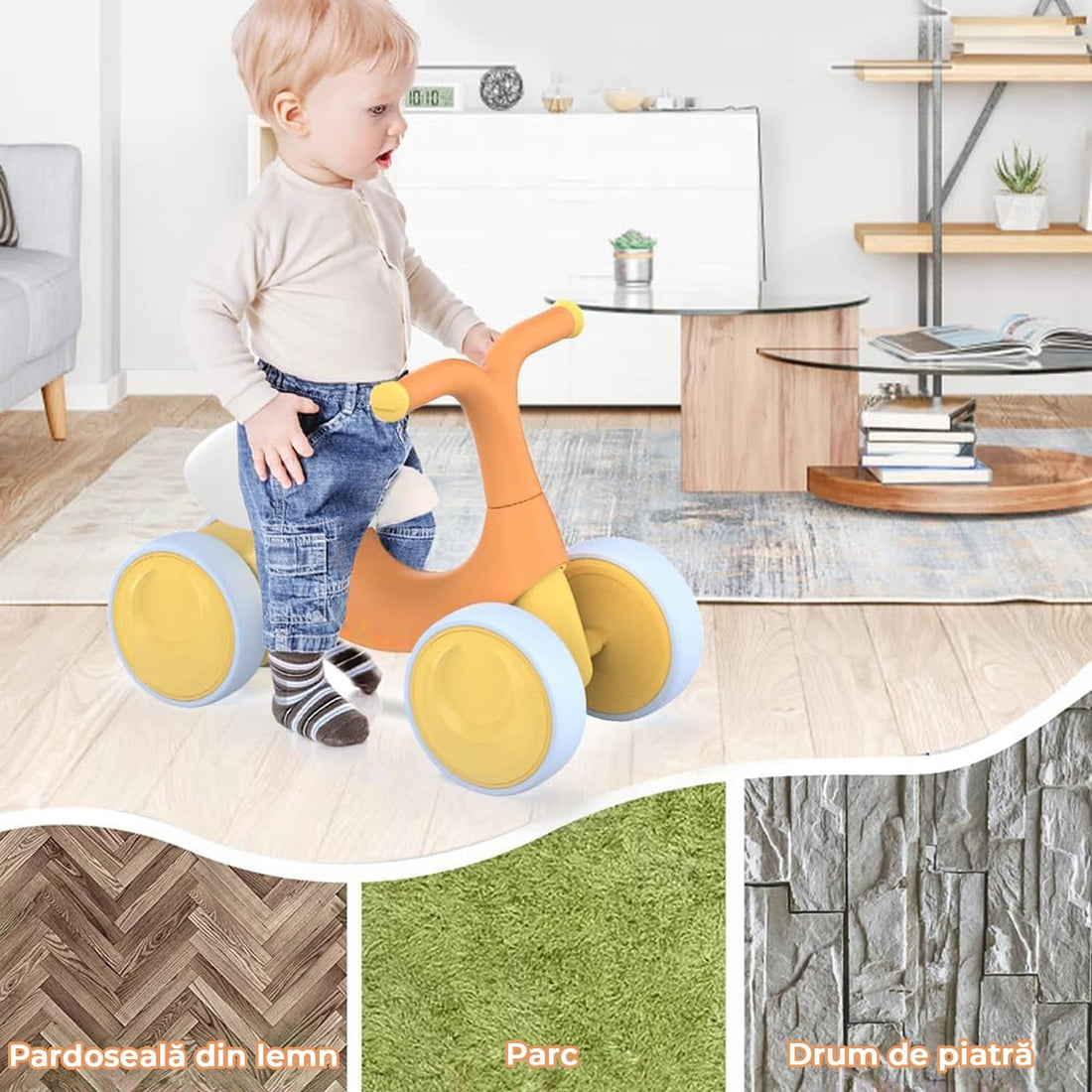 Bicicleta fara pedale pentru copii, 4 roti, usoara, roti silentioase, sa ergonomica, dezvoltare echilibru si coordonare, 10-36 luni, Portocaliu