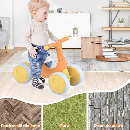 Bicicleta fara pedale pentru copii, 4 roti, usoara, roti silentioase, sa ergonomica, dezvoltare echilibru si coordonare, 10-36 luni, Portocaliu