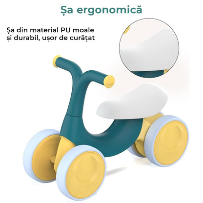Bicicleta fara pedale pentru copii, 4 roti, usoara, roti silentioase, sa ergonomica, dezvoltare echilibru si coordonare, 10-36 luni, Verde