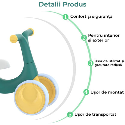 Bicicleta fara pedale pentru copii, 4 roti, usoara, roti silentioase, sa ergonomica, dezvoltare echilibru si coordonare, 10-36 luni, Verde