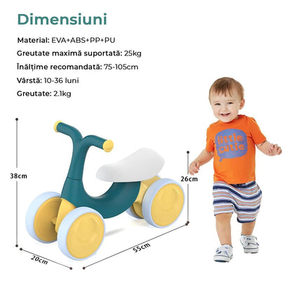 Bicicleta fara pedale pentru copii, 4 roti, usoara, roti silentioase, sa ergonomica, dezvoltare echilibru si coordonare, 10-36 luni, Verde