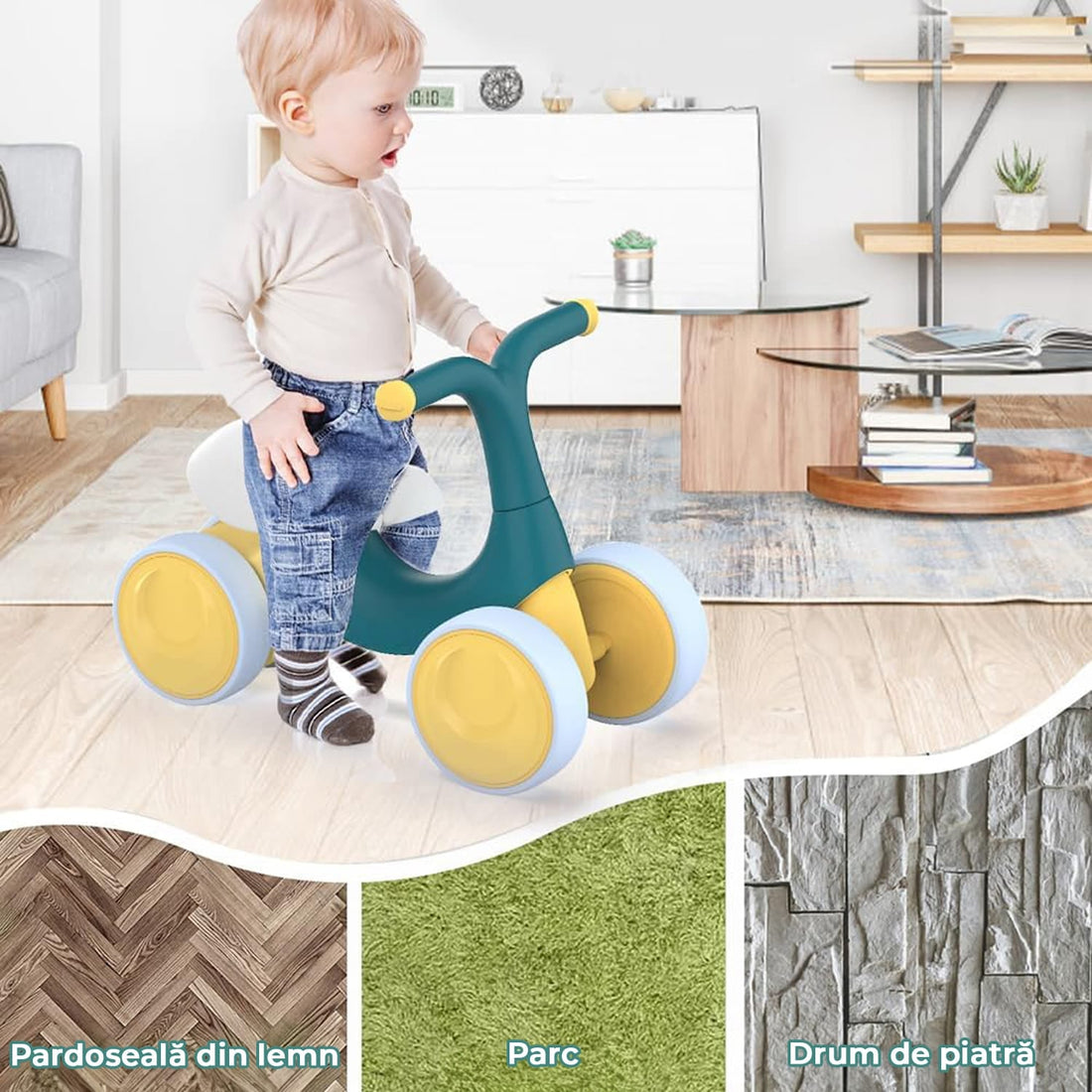 Bicicleta fara pedale pentru copii, 4 roti, usoara, roti silentioase, sa ergonomica, dezvoltare echilibru si coordonare, 10-36 luni, Verde