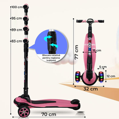 Trotinetă pliabilă copii cu 3 roți LED, 5-14 ani, înălțime reglabilă 80-120 cm, roz