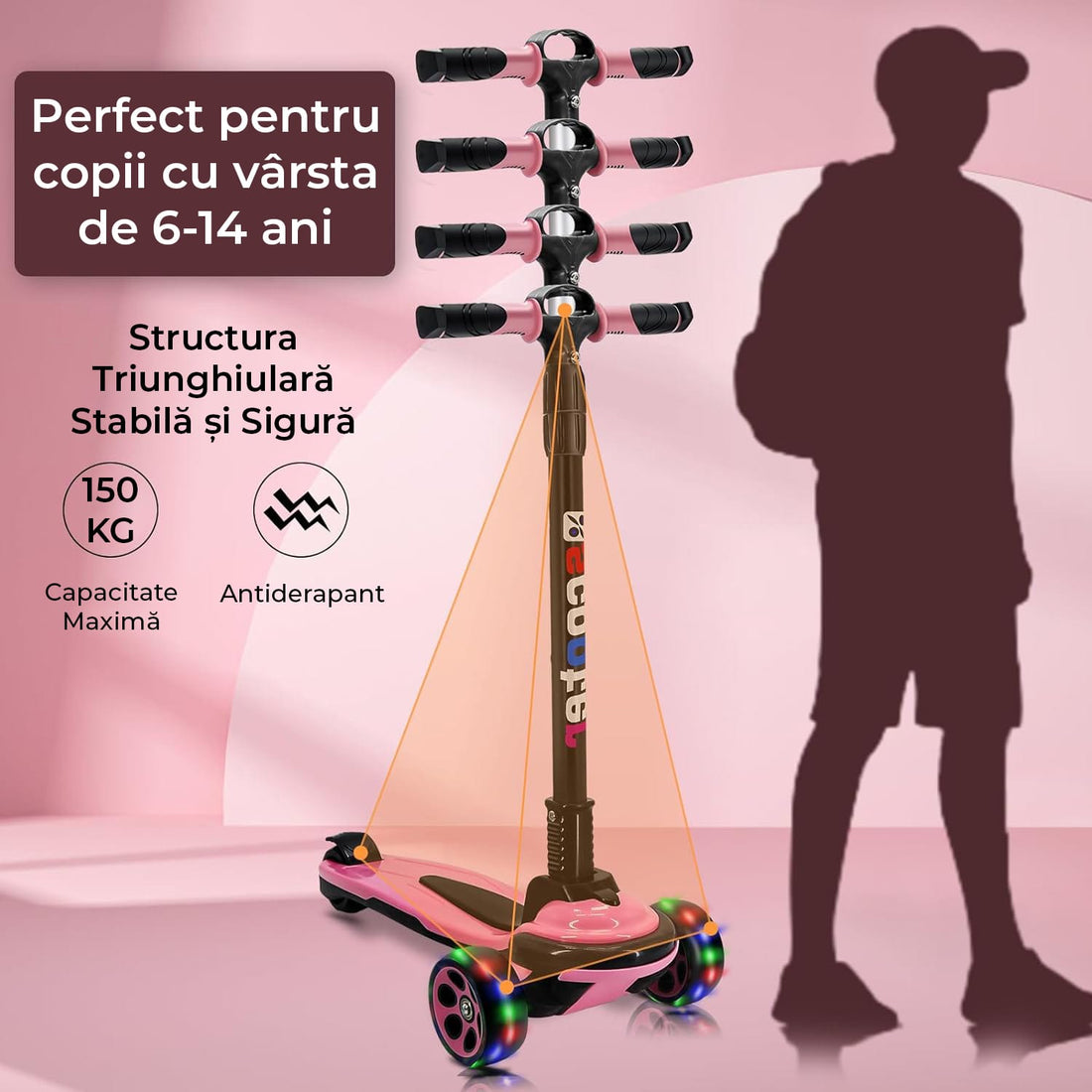 Trotinetă pliabilă copii cu 3 roți LED, 5-14 ani, înălțime reglabilă 80-120 cm, roz
