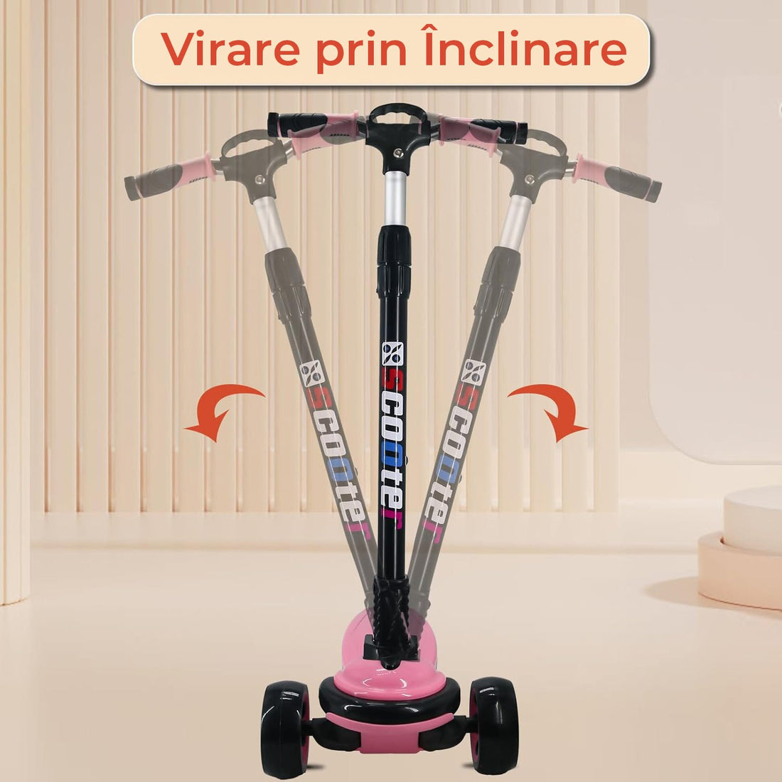 Trotinetă pliabilă copii cu 3 roți LED, 5-14 ani, înălțime reglabilă 80-120 cm, roz