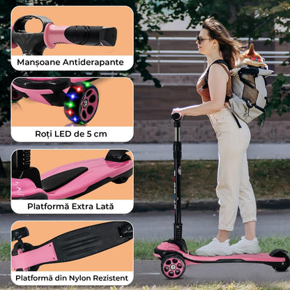 Trotinetă pliabilă copii cu 3 roți LED, 5-14 ani, înălțime reglabilă 80-120 cm, roz