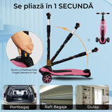 Trotinetă pliabilă copii cu 3 roți LED, 5-14 ani, înălțime reglabilă 80-120 cm, roz