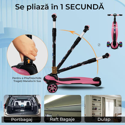 Trotinetă pliabilă copii cu 3 roți LED, 5-14 ani, înălțime reglabilă 80-120 cm, roz