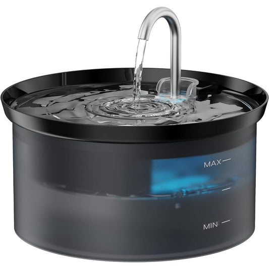 Dispenser automat apă 2.5L pentru pisici și câini, silențios, filtrare carbon activ, LED, negru translucid