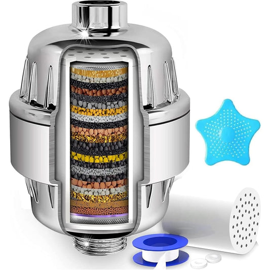 Filtru apă Elindor® pentru duș, 20 stadii filtrare, infuzie minerale și vitamina C, elimină clorul și impuritățile, 1 cartuș inclus, argintiu