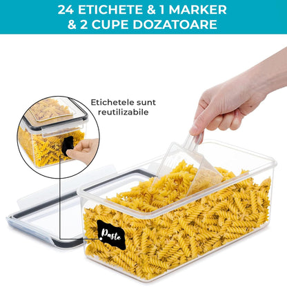 Set de 4 Recipiente pentru Bucatarie, pentru Stocarea Alimentelor, Inchidere Ermetica, Fara BPA, 24 Etichete reutilizabile, Marker, 3.2L, Orizontale, Transparent