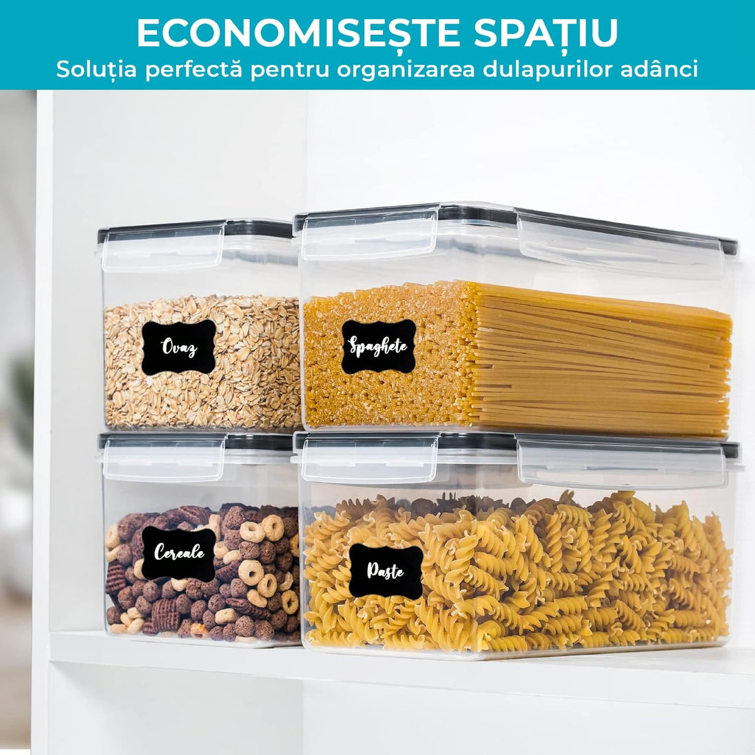 Set de 4 Recipiente pentru Bucatarie, pentru Stocarea Alimentelor, Inchidere Ermetica, Fara BPA, 24 Etichete reutilizabile, Marker, 3.2L, Orizontale, Transparent