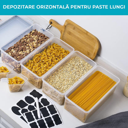 Set de 4 Recipiente pentru Bucatarie, pentru Stocarea Alimentelor, Inchidere Ermetica, Fara BPA, 24 Etichete reutilizabile, Marker, 3.2L, Orizontale, Transparent