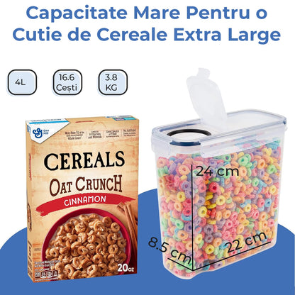Set 4 recipiente pentru cereale, 4L, închidere ermetică, fără BPA, etichete reutilizabile, transparent