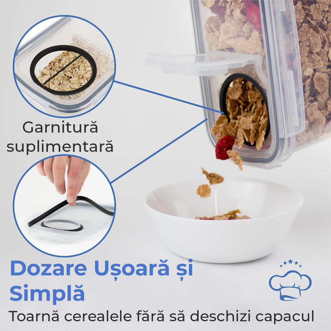Set 4 recipiente pentru cereale, 4L, închidere ermetică, fără BPA, etichete reutilizabile, transparent