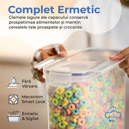 Set 4 recipiente pentru cereale, 4L, închidere ermetică, fără BPA, etichete reutilizabile, transparent