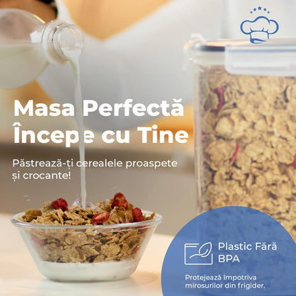 Set 4 recipiente pentru cereale, 4L, închidere ermetică, fără BPA, etichete reutilizabile, transparent