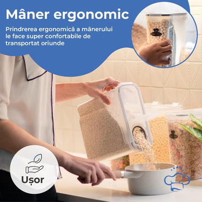 Set 4 recipiente pentru cereale, 4L, închidere ermetică, fără BPA, etichete reutilizabile, transparent
