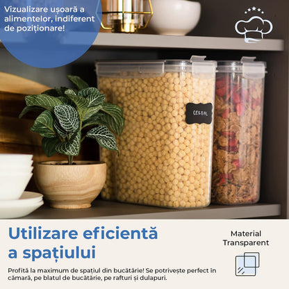 Set 4 recipiente pentru cereale, 4L, închidere ermetică, fără BPA, etichete reutilizabile, transparent