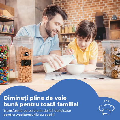 Set 4 recipiente pentru cereale, 4L, închidere ermetică, fără BPA, etichete reutilizabile, transparent