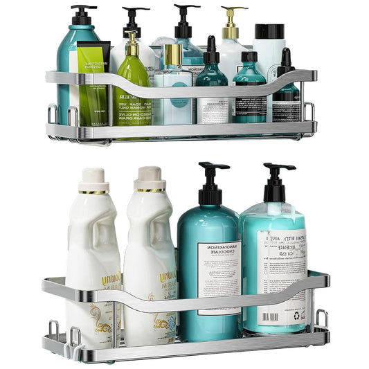 Set 2 rafturi de duș, prindere adezivă, organizator baie/bucătărie, oțel inoxidabil, argintiu