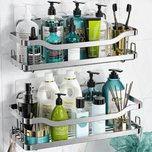 Set 2 rafturi de duș, prindere adezivă, organizator baie/bucătărie, oțel inoxidabil, argintiu