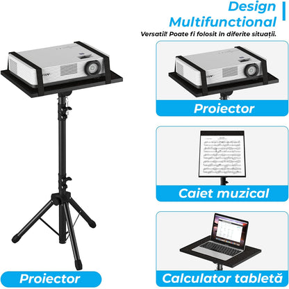 Trepied pentru proiector sau laptop, reglabil 58.5 cm - 118 cm, multifunctional, cu suport pentru telefon, portabil si stabil, Negru