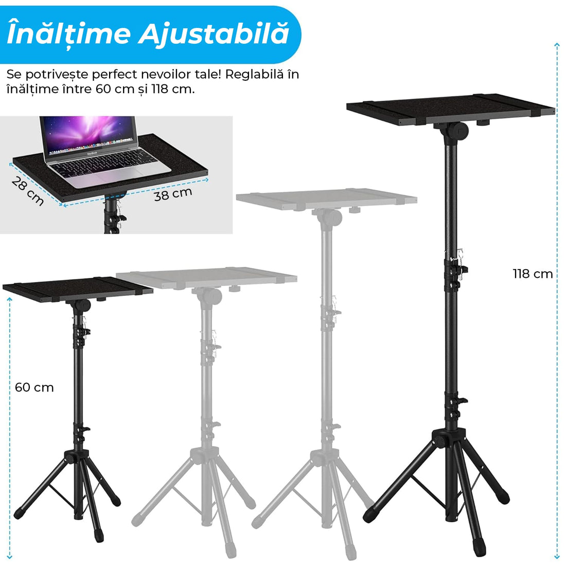Trepied pentru proiector sau laptop, reglabil 58.5 cm - 118 cm, multifunctional, cu suport pentru telefon, portabil si stabil, Negru