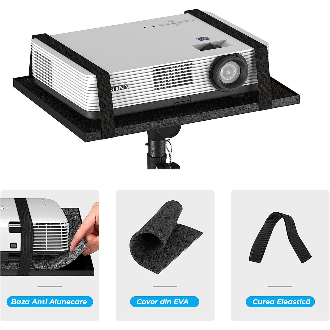 Trepied pentru proiector sau laptop, reglabil 58.5 cm - 118 cm, multifunctional, cu suport pentru telefon, portabil si stabil, Negru