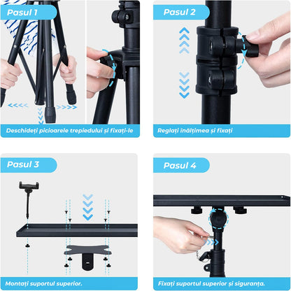Trepied pentru proiector sau laptop, reglabil 58.5 cm - 118 cm, multifunctional, cu suport pentru telefon, portabil si stabil, Negru
