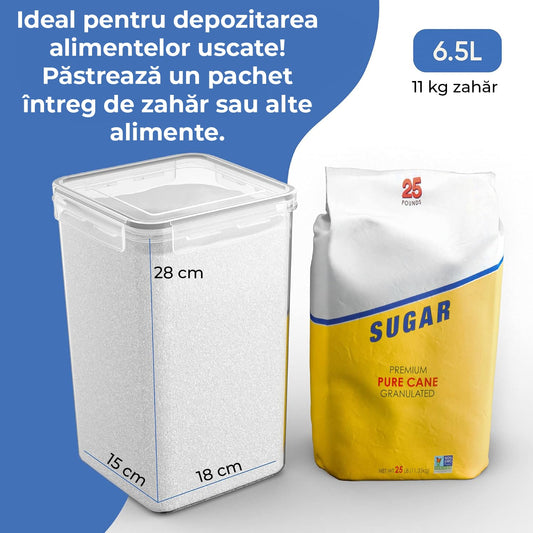 Set 4 recipiente extra mari pentru alimente, 6.5L, închidere ermetică, fără BPA, etichete reutilizabile, transparent