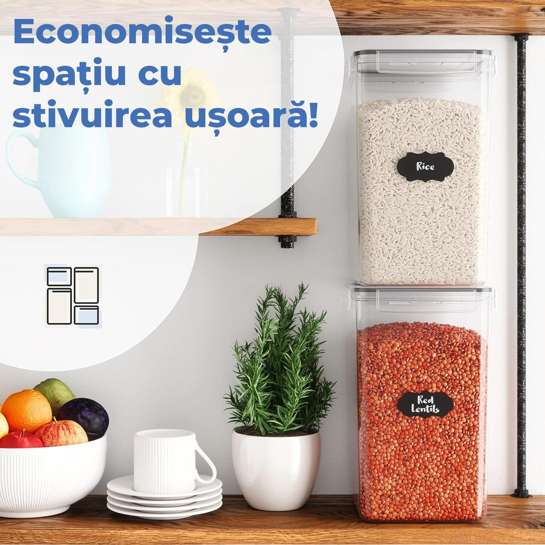 Set 4 recipiente extra mari pentru alimente, 6.5L, închidere ermetică, fără BPA, etichete reutilizabile, transparent