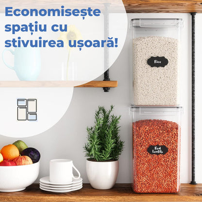 Set 4 recipiente extra mari pentru alimente, 6.5L, închidere ermetică, fără BPA, etichete reutilizabile, transparent