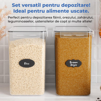 Set 4 recipiente extra mari pentru alimente, 6.5L, închidere ermetică, fără BPA, etichete reutilizabile, transparent