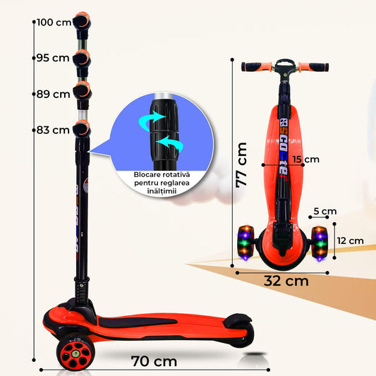 Trotinetă pliabilă copii cu 3 roți LED, 5-14 ani, înălțime reglabilă 80-120 cm, roșie