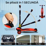 Trotinetă pliabilă copii cu 3 roți LED, 5-14 ani, înălțime reglabilă 80-120 cm, roșie
